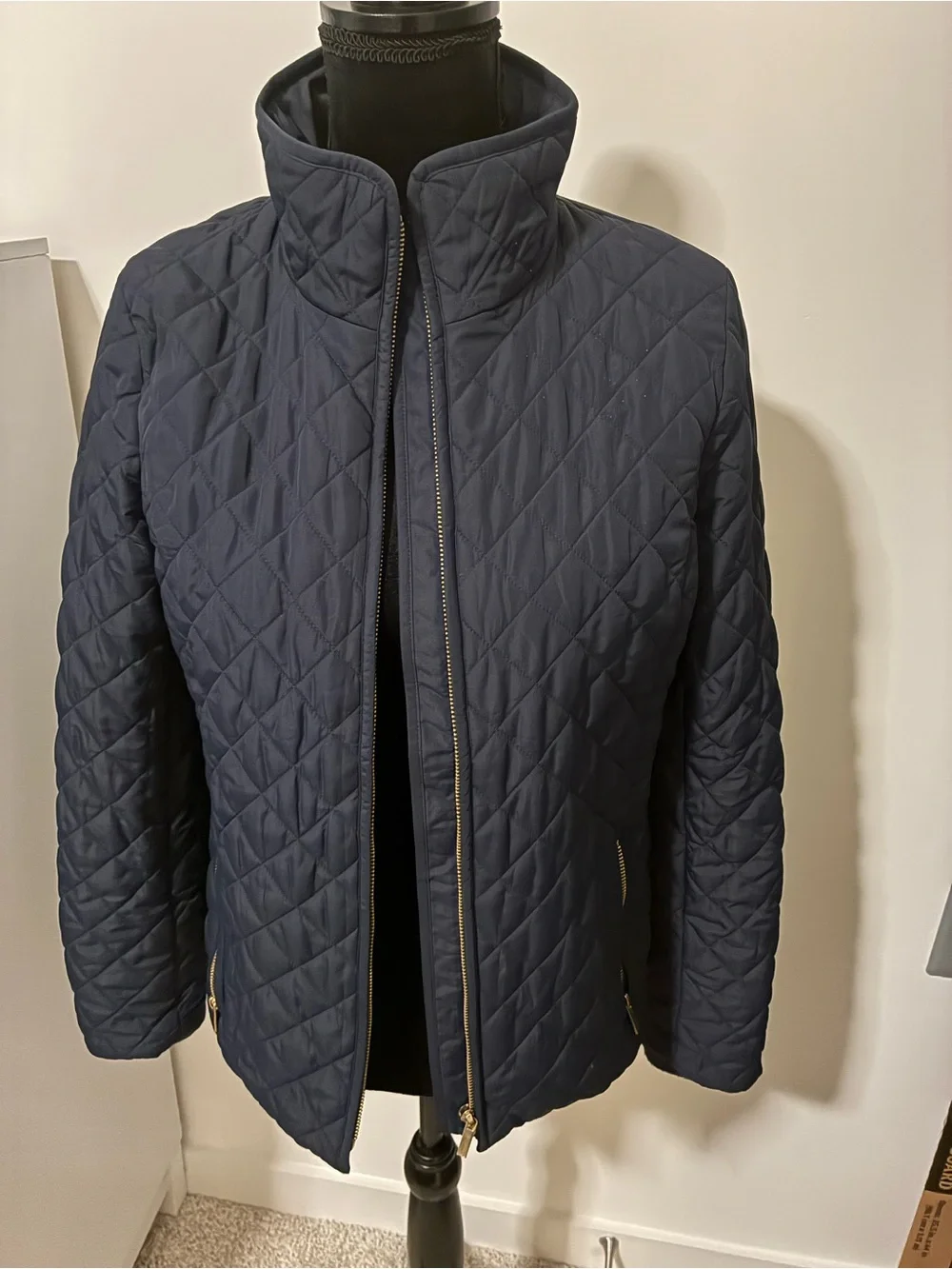 J. Crew Navy Quilted Puffer Jacket with Gold Zippers